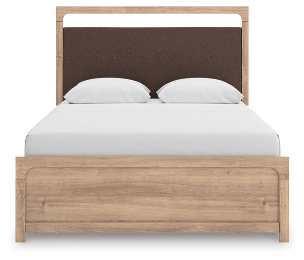 Kinlanni - 3 Pc. - Queen Upholstered Panel Bed With Roll Slats, Dresser And Mirror - Tan